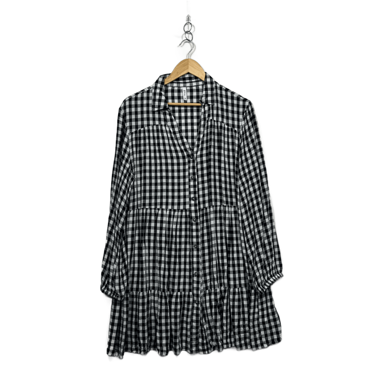 &me Black White Viscose Long Sleeve Gingham Check Smock Dress Size 14