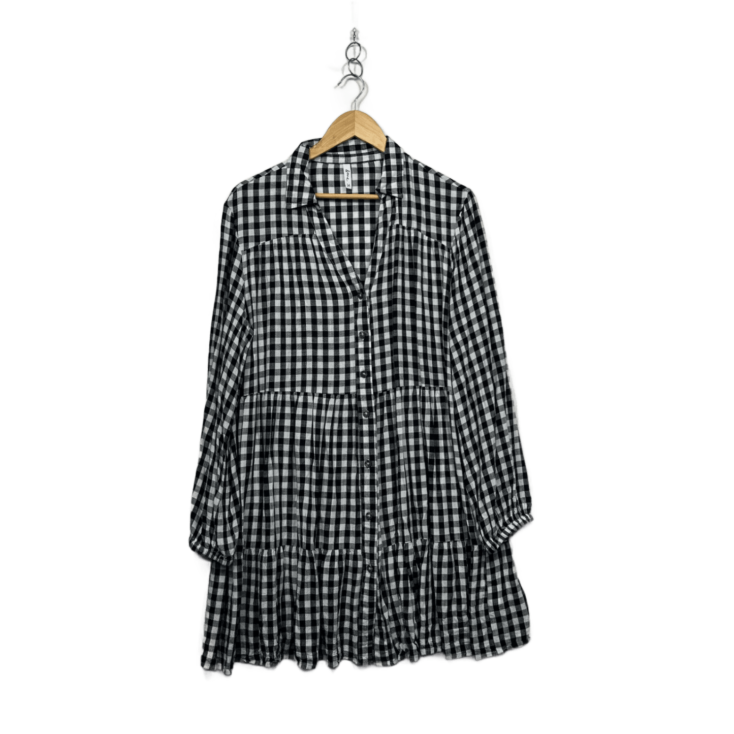 &me Black White Viscose Long Sleeve Gingham Check Smock Dress Size 14