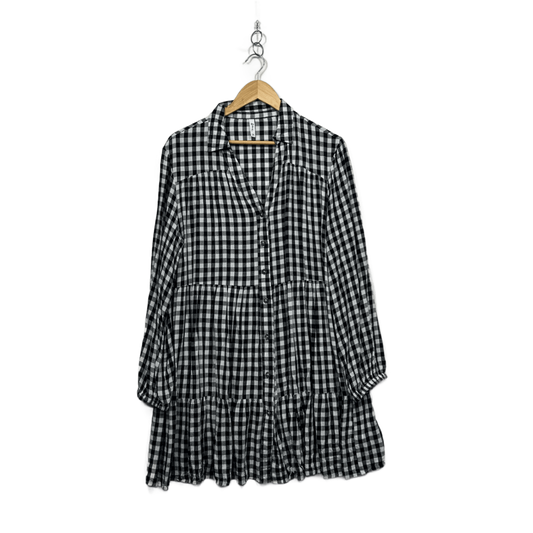 &me Black White Viscose Long Sleeve Gingham Check Smock Dress Size 14
