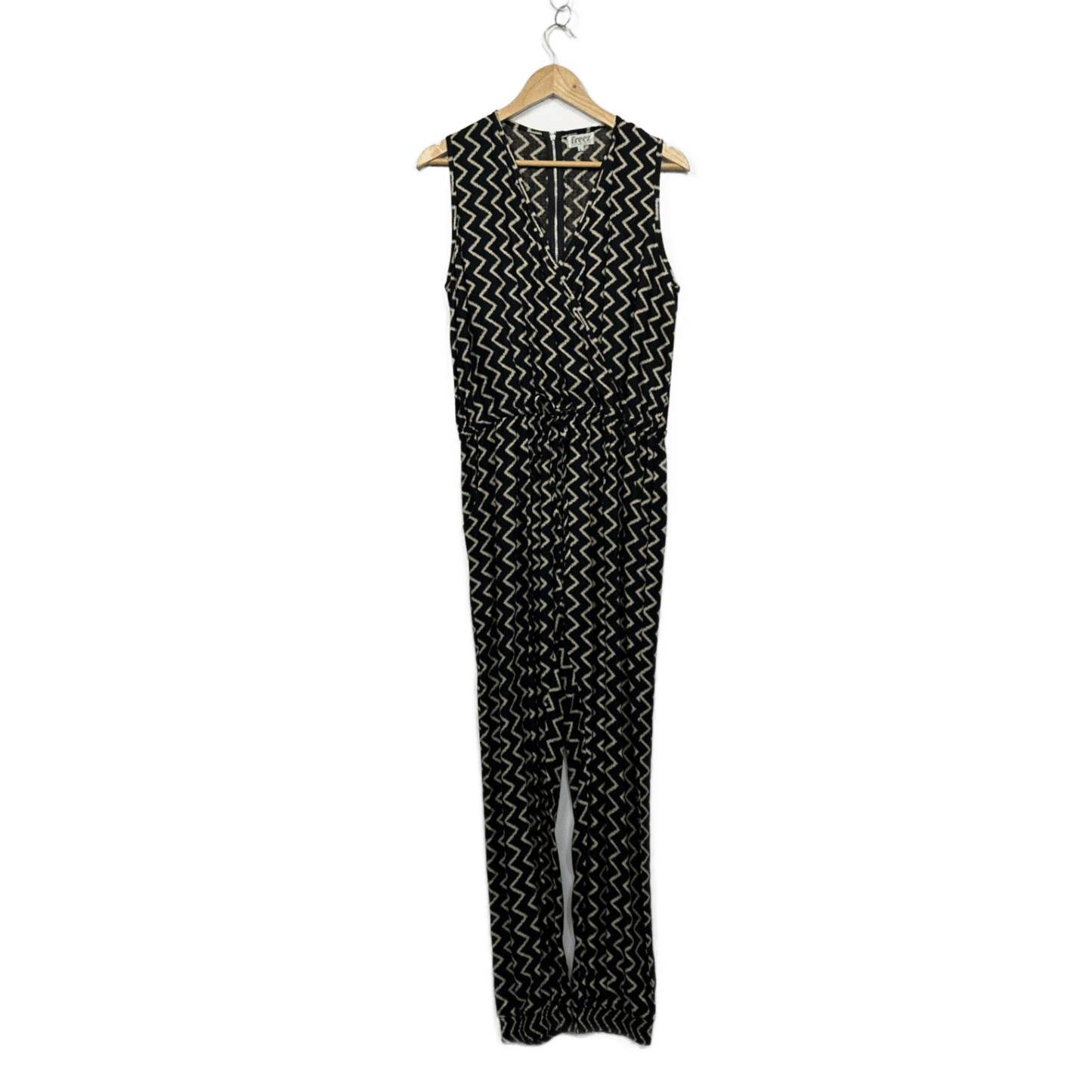 Freez Womens Black Beige Zigzag Print Pockets Sleeveless Jumpsuit Large