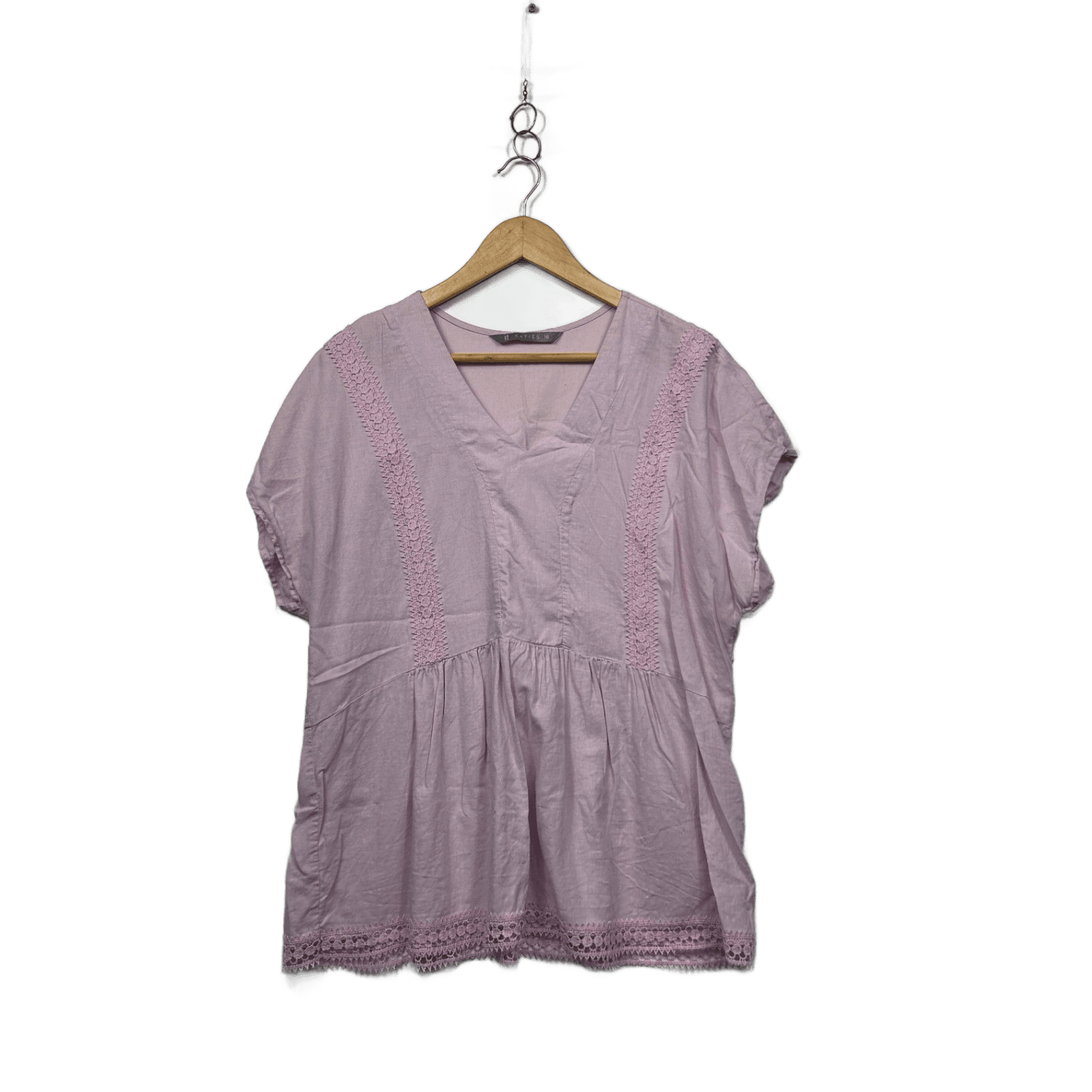 Katies Lilac Crochet Trim Cotton Short Sleeve Top Blouse Size 16