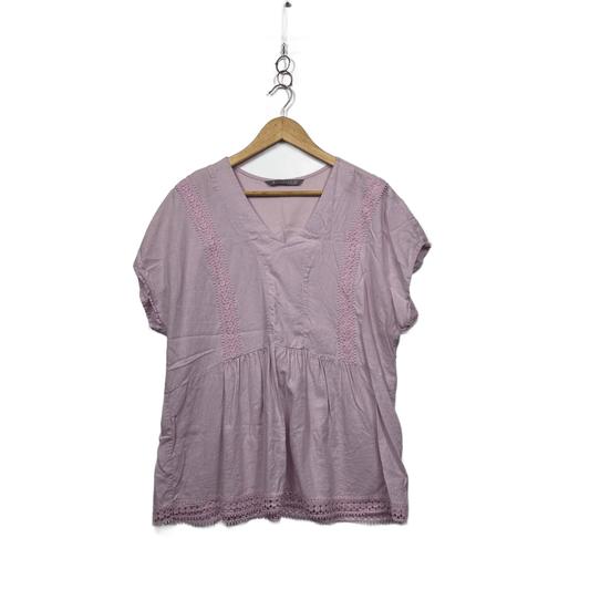 Katies Lilac Crochet Trim Cotton Short Sleeve Top Blouse Size 16