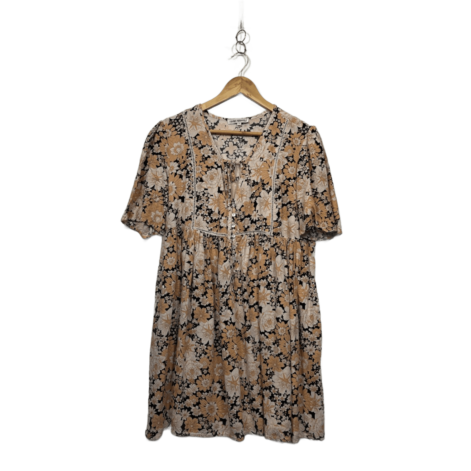 Vine Apparel Beige Viscose Short Sleeve Floral Boho Dress Size 16