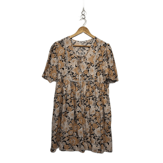 Vine Apparel Beige Viscose Short Sleeve Floral Boho Dress Size 16