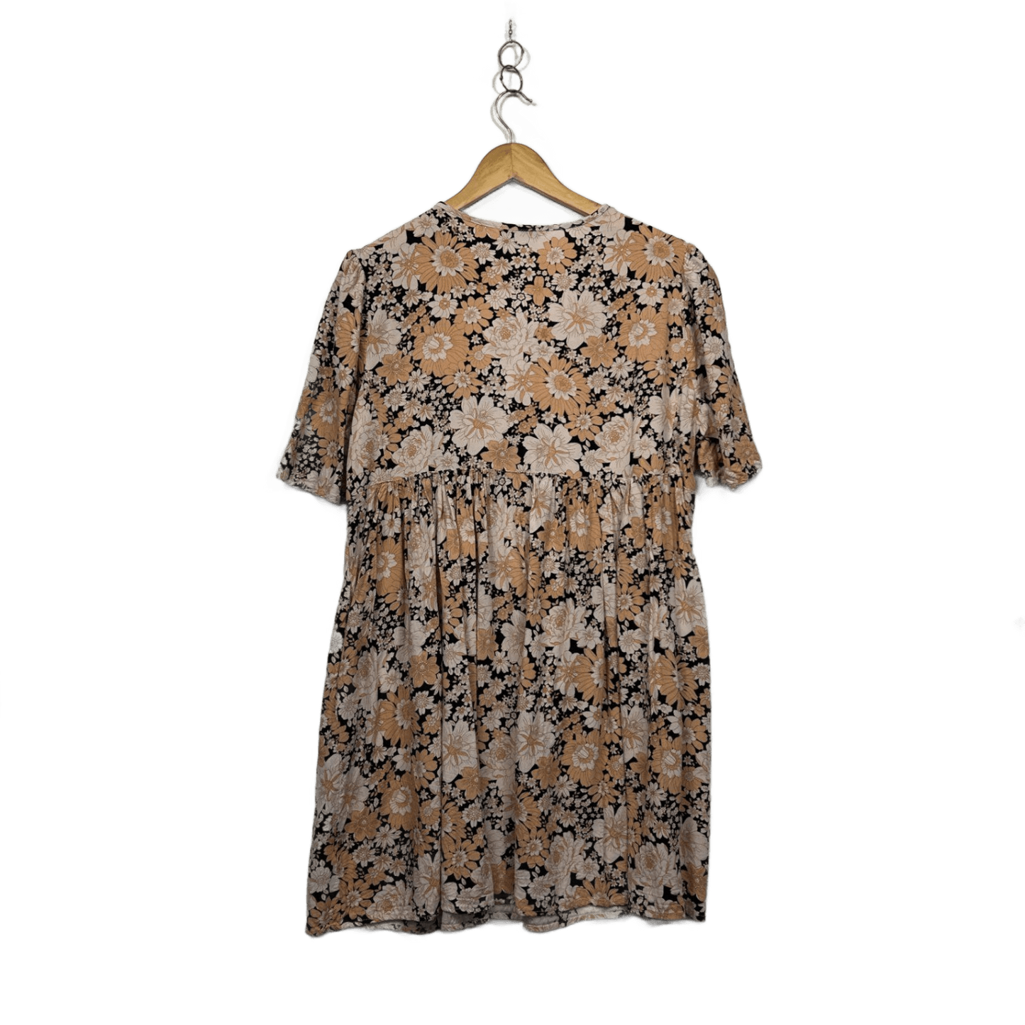 Vine Apparel Beige Viscose Short Sleeve Floral Boho Dress Size 16