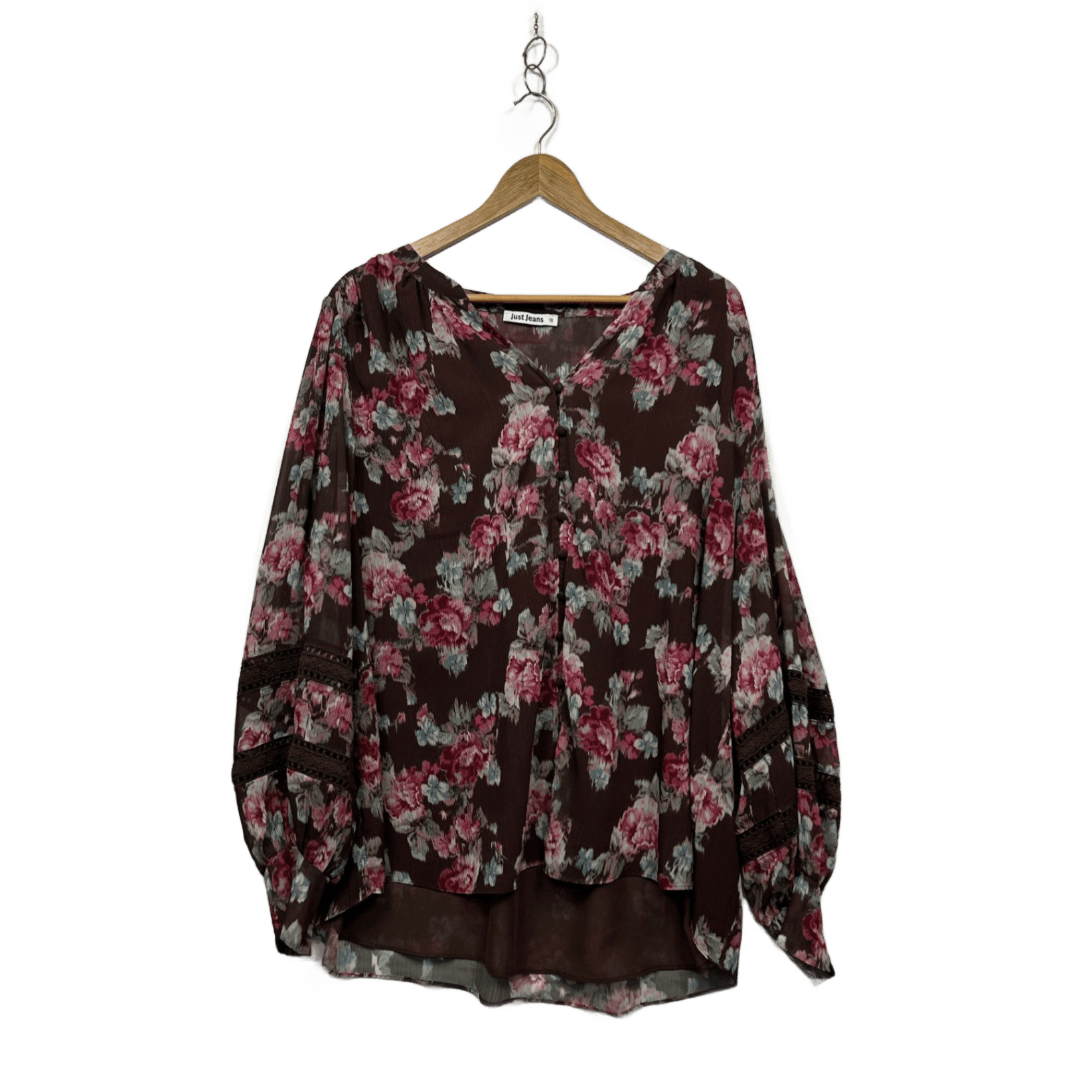Just Jeans Brown Chocolate Floral Flowy Ruffle Blouse Top Size 18