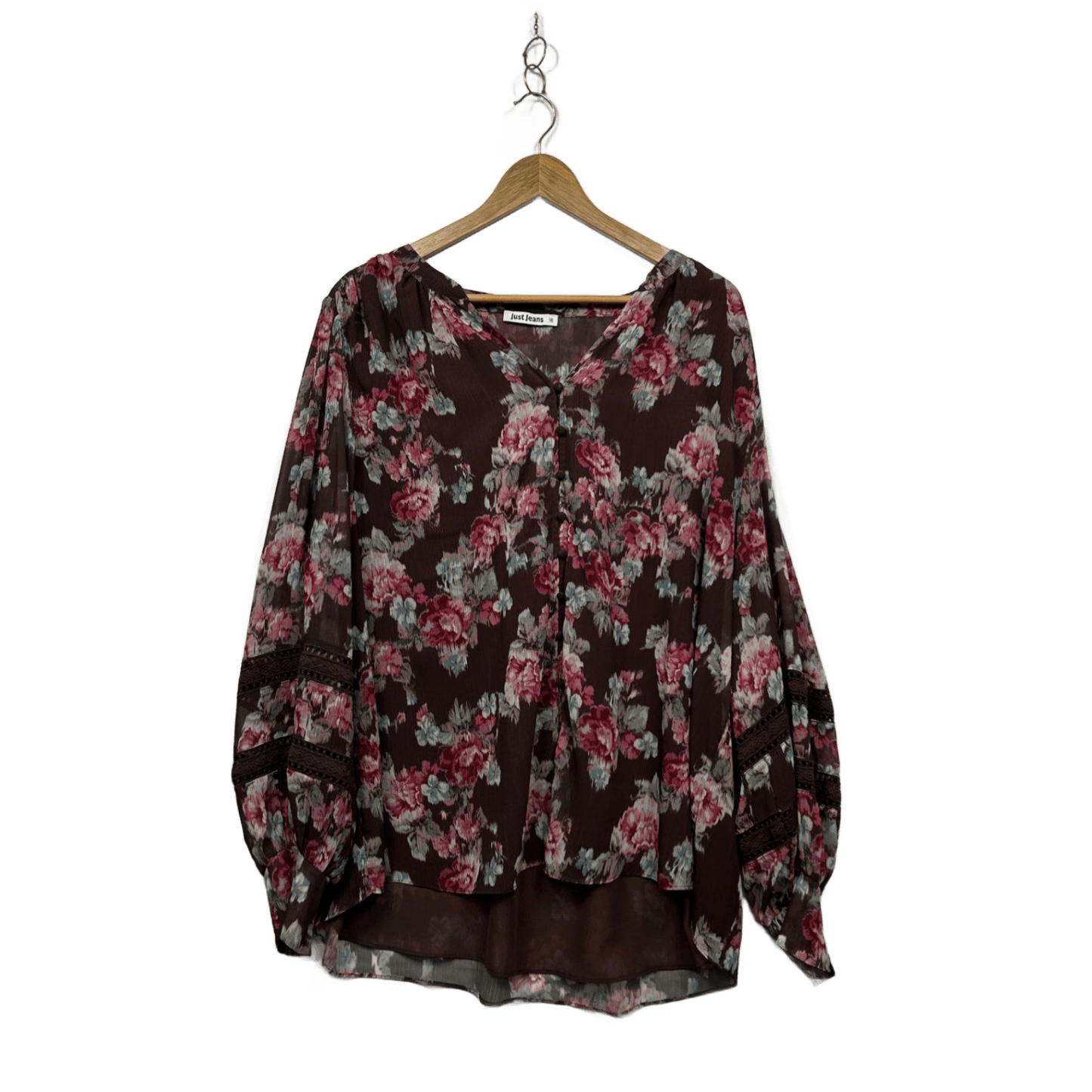 Just Jeans Brown Chocolate Floral Flowy Ruffle Blouse Top Size 18