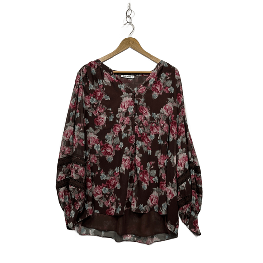 Just Jeans Brown Chocolate Floral Flowy Ruffle Blouse Top Size 18