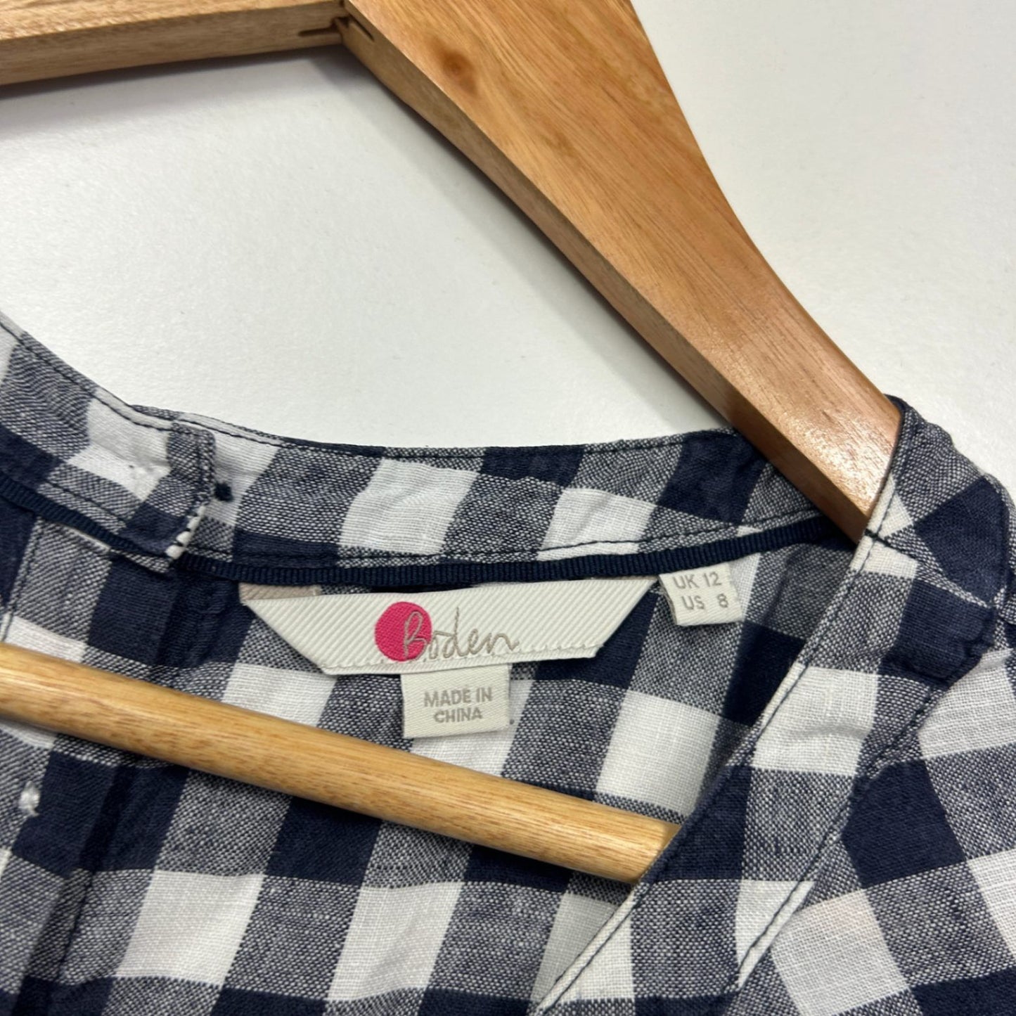 Boden Navy White Linen 3/4 Sleeve Gingham Check Size 12