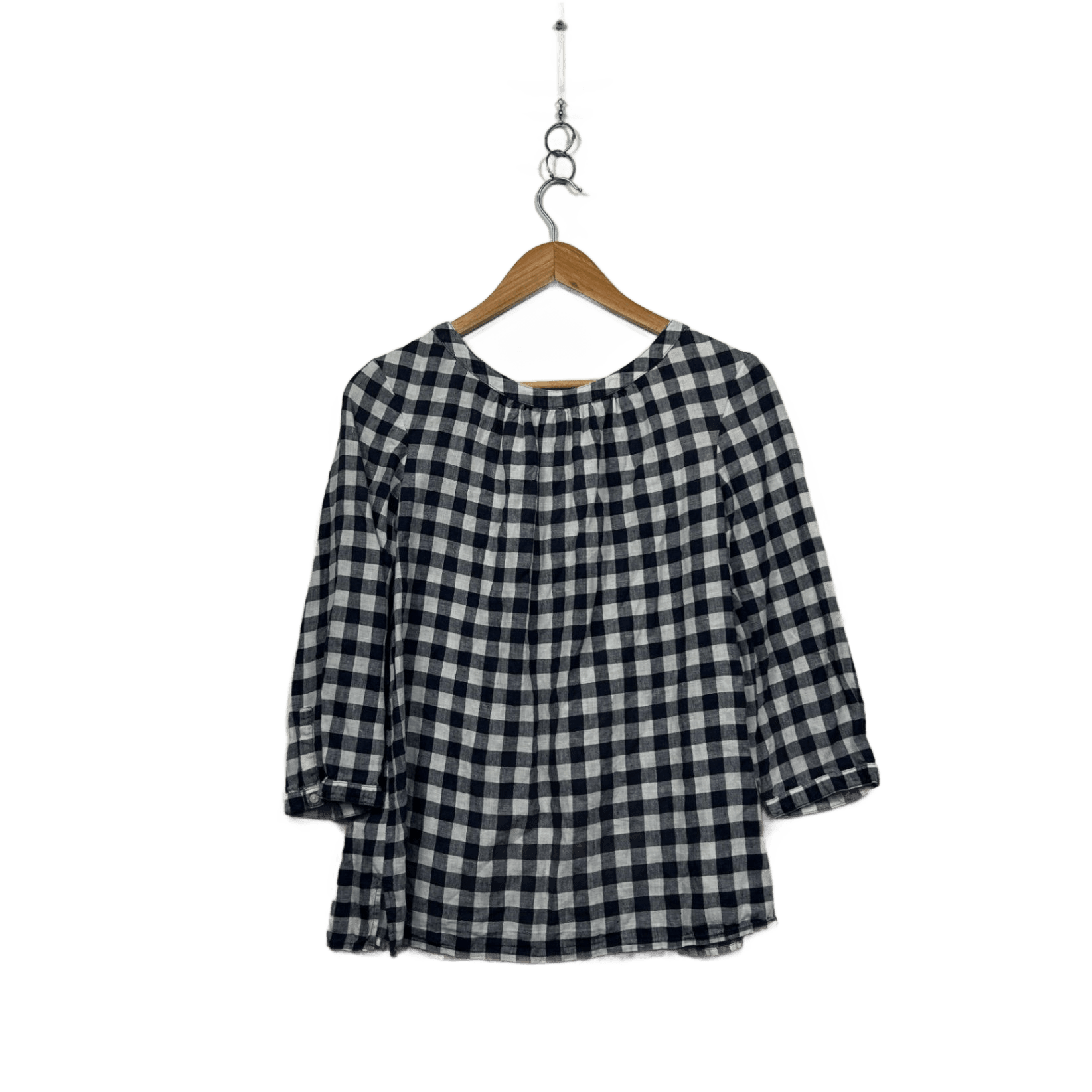 Boden Navy White Linen 3/4 Sleeve Gingham Check Size 12