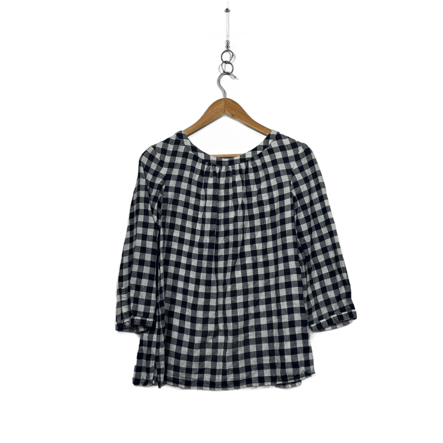 Boden Navy White Linen 3/4 Sleeve Gingham Check Size 12