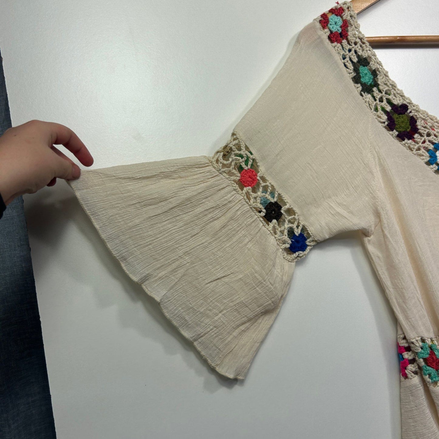 Womens Cream Crochet Trim Boho Tunic Top Size 12-14