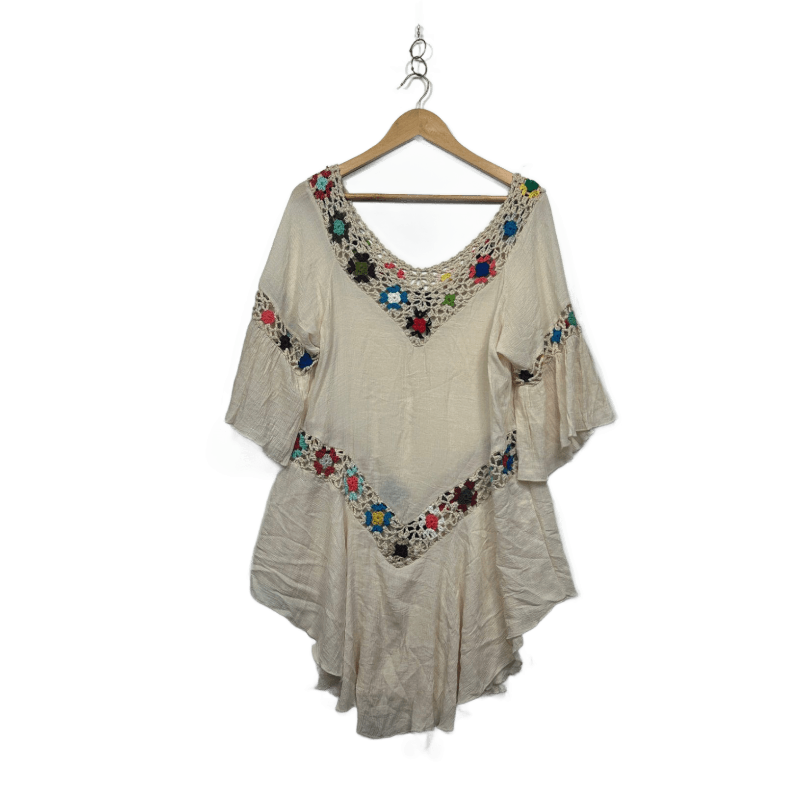 Womens Cream Crochet Trim Boho Tunic Top Size 12-14