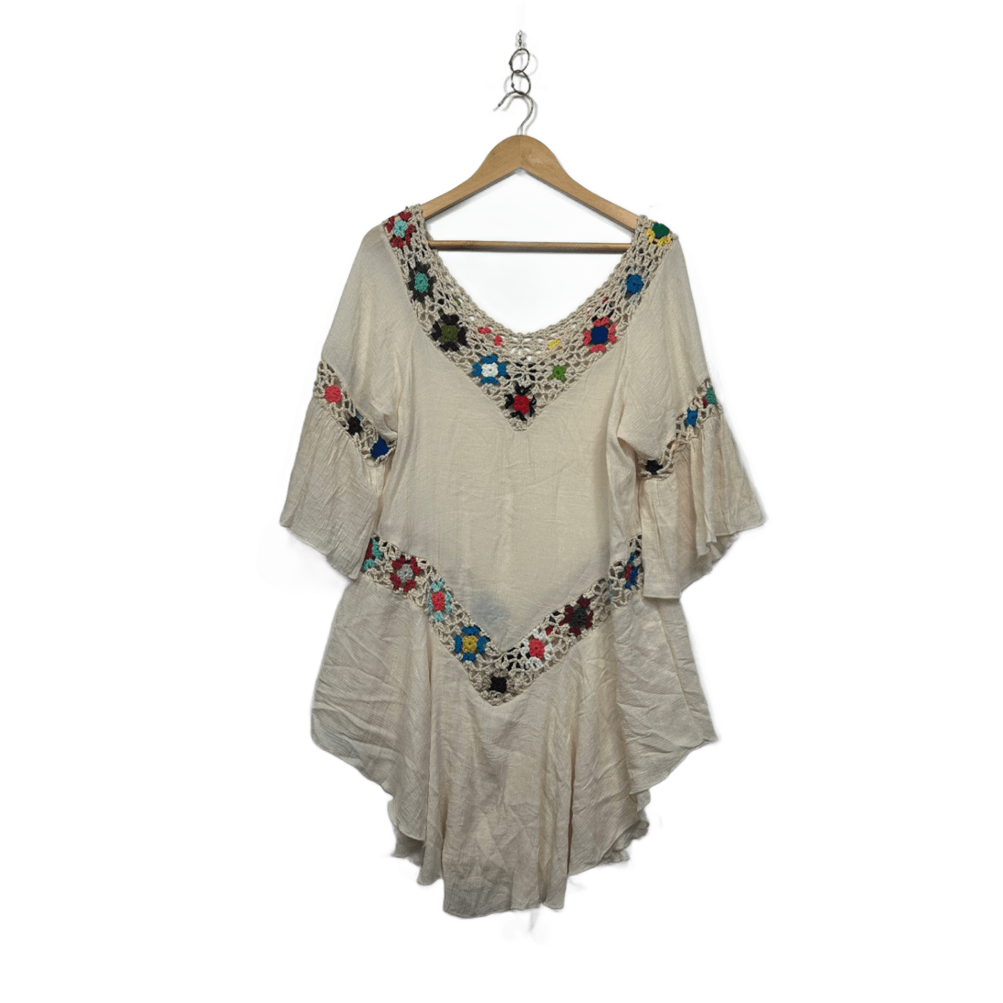 Womens Cream Crochet Trim Boho Tunic Top Size 12-14