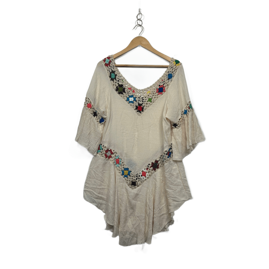 Womens Cream Crochet Trim Boho Tunic Top Size 12-14