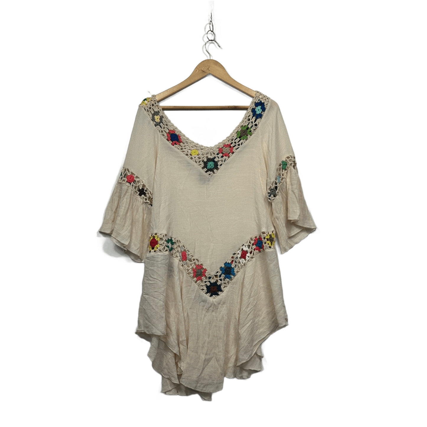 Womens Cream Crochet Trim Boho Tunic Top Size 12-14