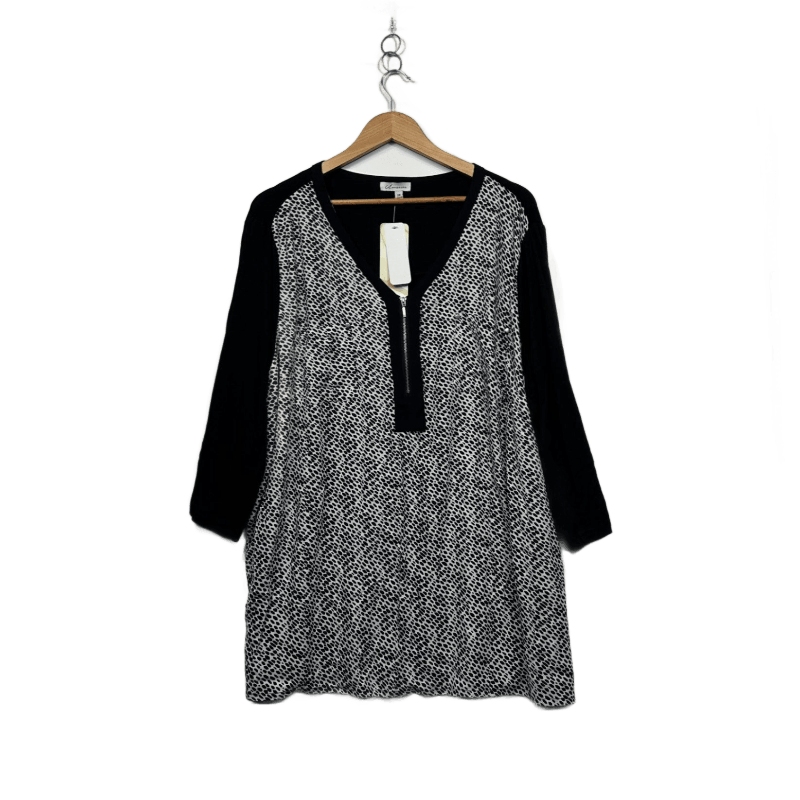 New Autograph Black White Long Sleeve Zip Neck Tunic Blouse Size 24