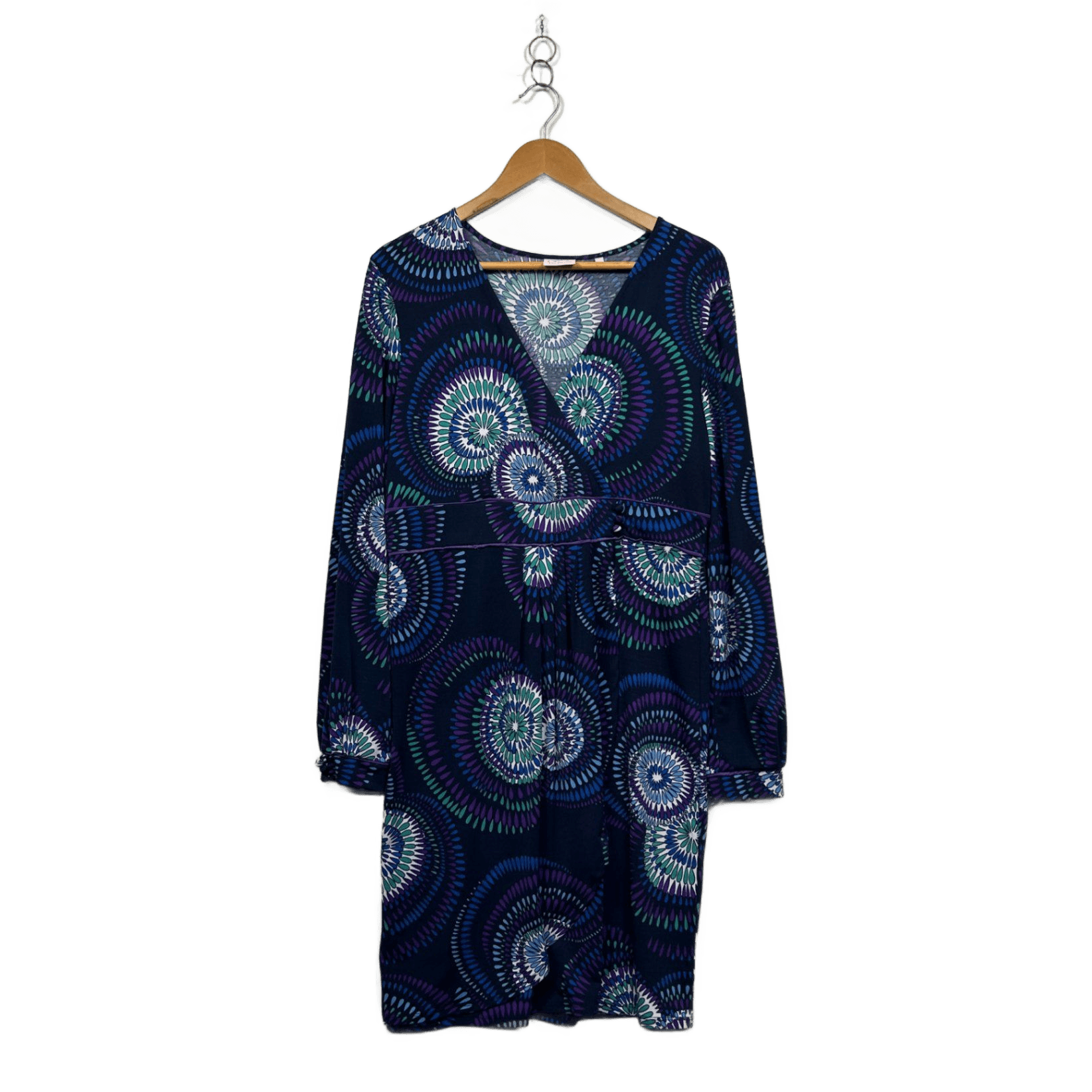 Leona Edmiston Black Blue Long Sleeve V Neck Dress Size 16