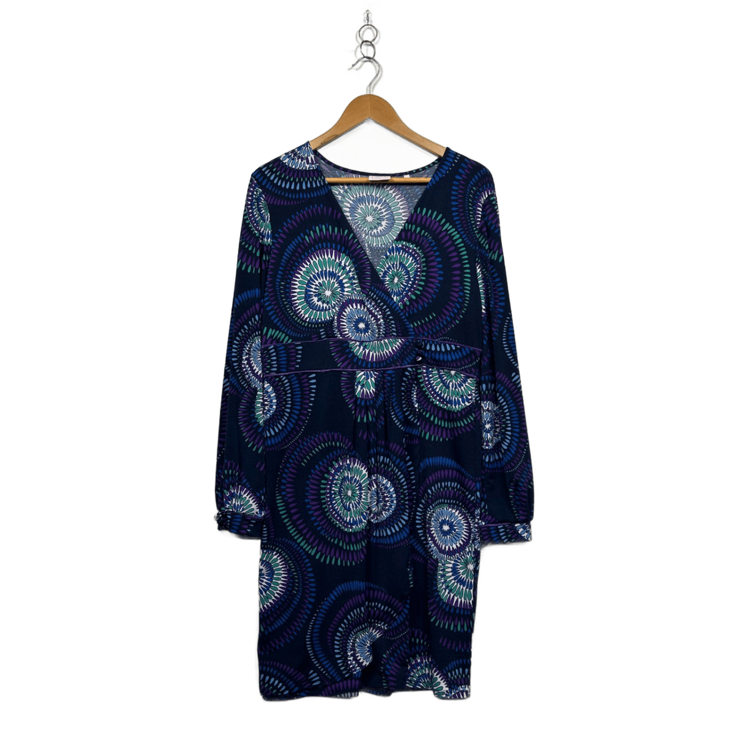 Leona Edmiston Black Blue Long Sleeve V Neck Dress Size 16