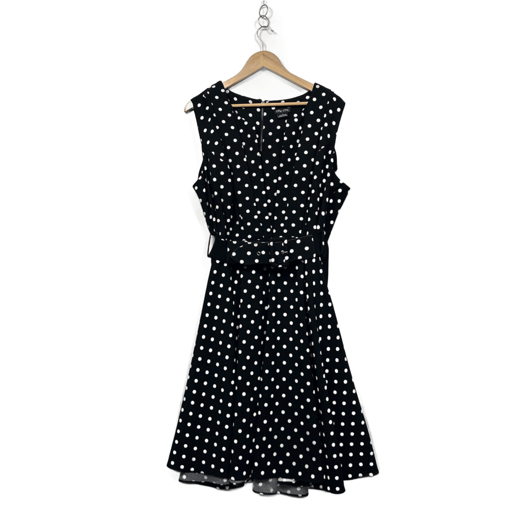 City Chic Black White Polka Belted Dot Fit & Flare Sleeveless Dress Size 20