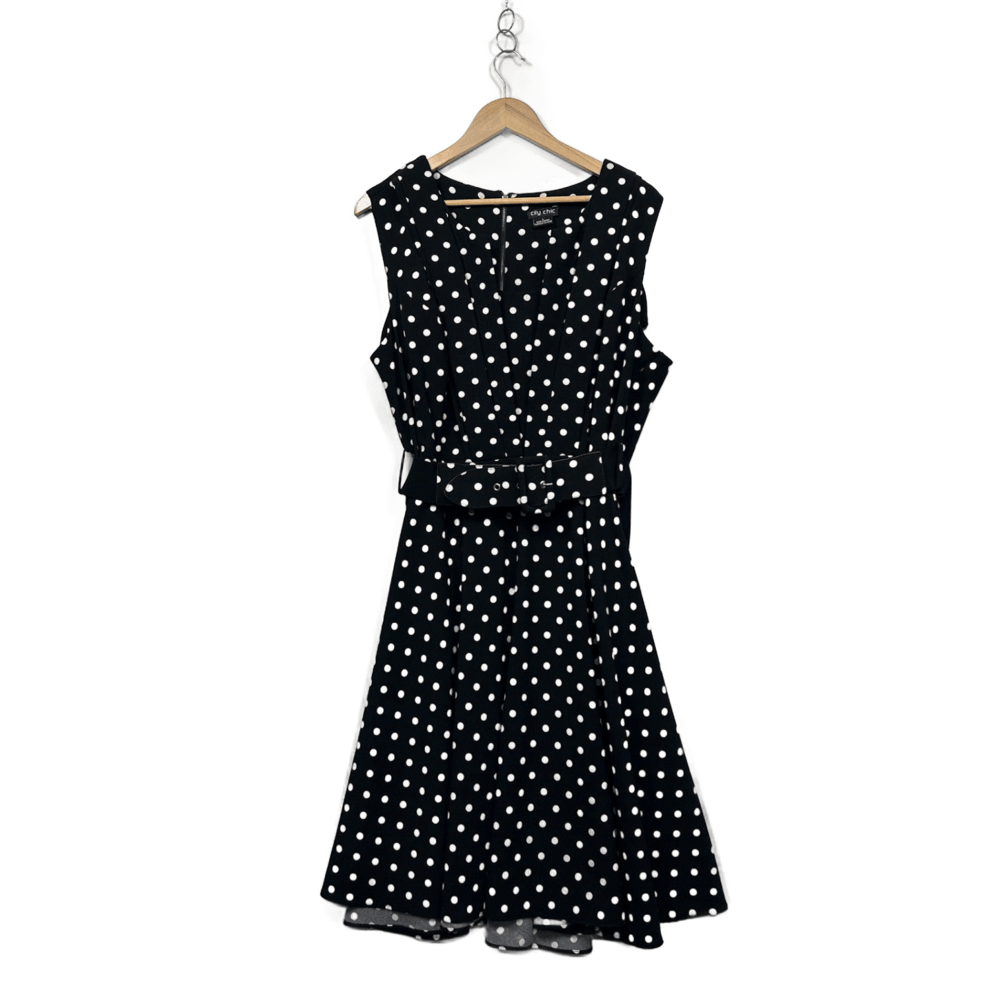 City Chic Black White Polka Belted Dot Fit & Flare Sleeveless Dress Size 20