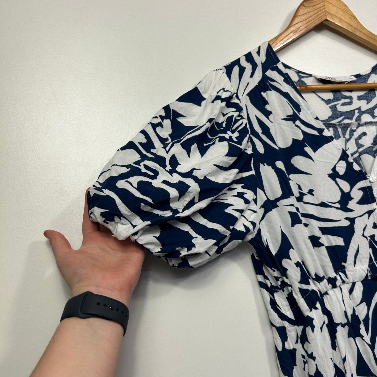 Fria Blue White Cotton Short Sleeve Floral Fit & Flare Dress Size 12