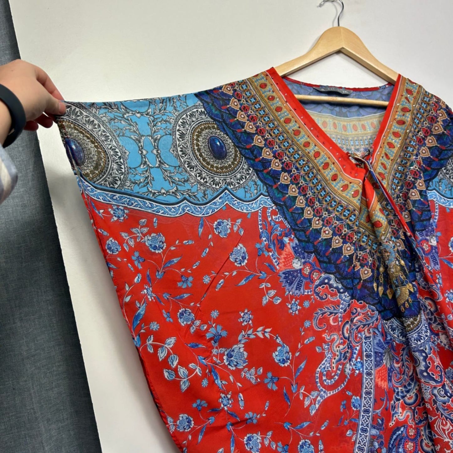 Katies Womens Red Blue Multi Short Batwing Kaftan Top Blouse Size 2XL