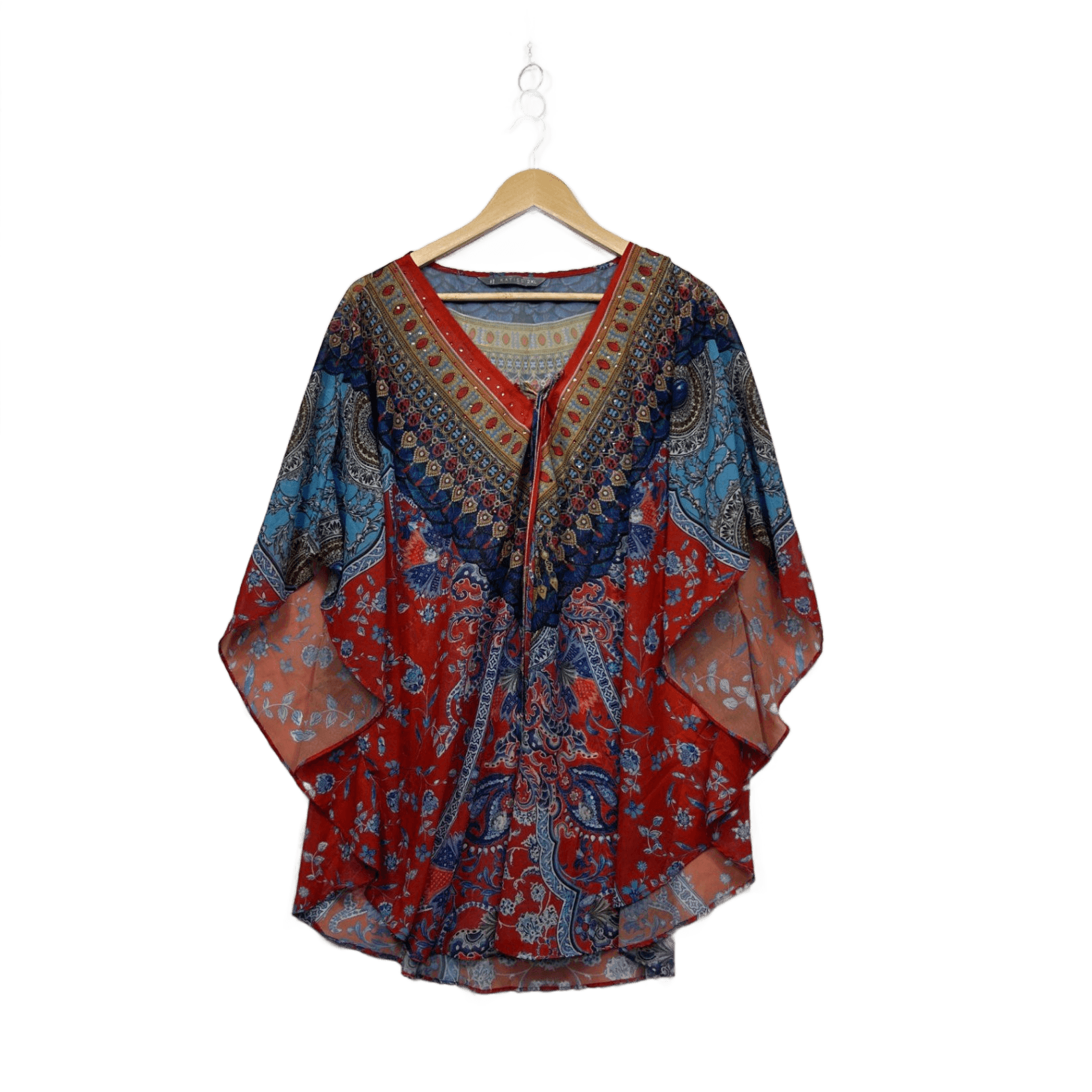 Katies Womens Red Blue Multi Short Batwing Kaftan Top Blouse Size 2XL