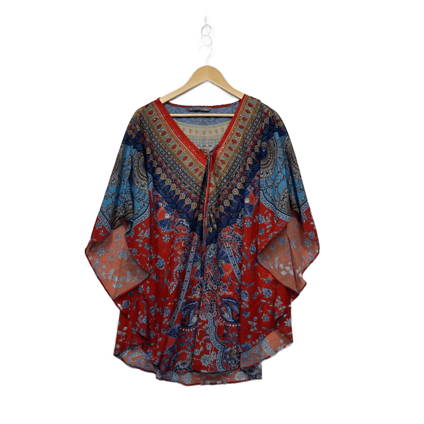 Katies Womens Red Blue Multi Short Batwing Kaftan Top Blouse Size 2XL