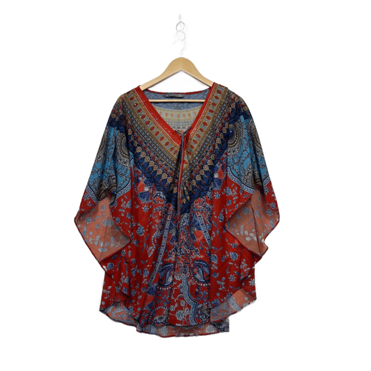 Katies Womens Red Blue Multi Short Batwing Kaftan Top Blouse Size 2XL