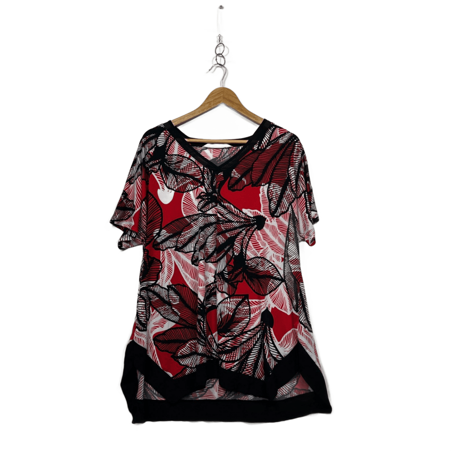 Virtuelle Red Black White Short Sleeve Floral Tunic Top Size 16 Plus Small