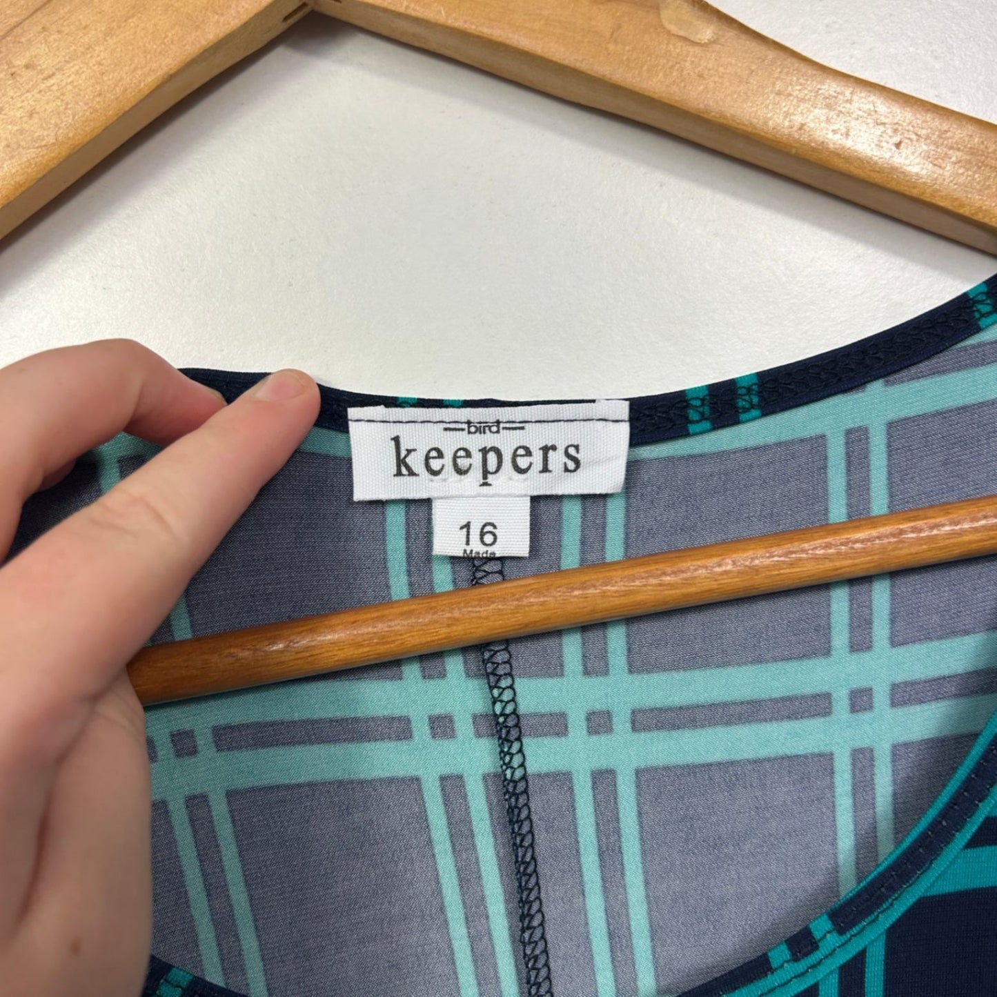 Bird Keepers Teal Blue Green Knee Sleeveless Check Shift Dress Size 16