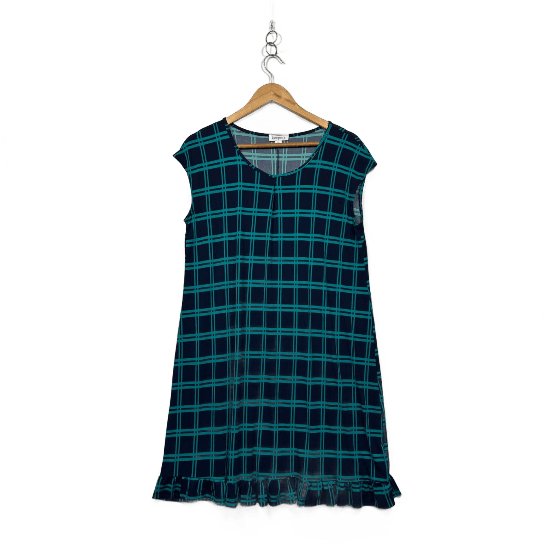 Bird Keepers Teal Blue Green Knee Sleeveless Check Shift Dress Size 16