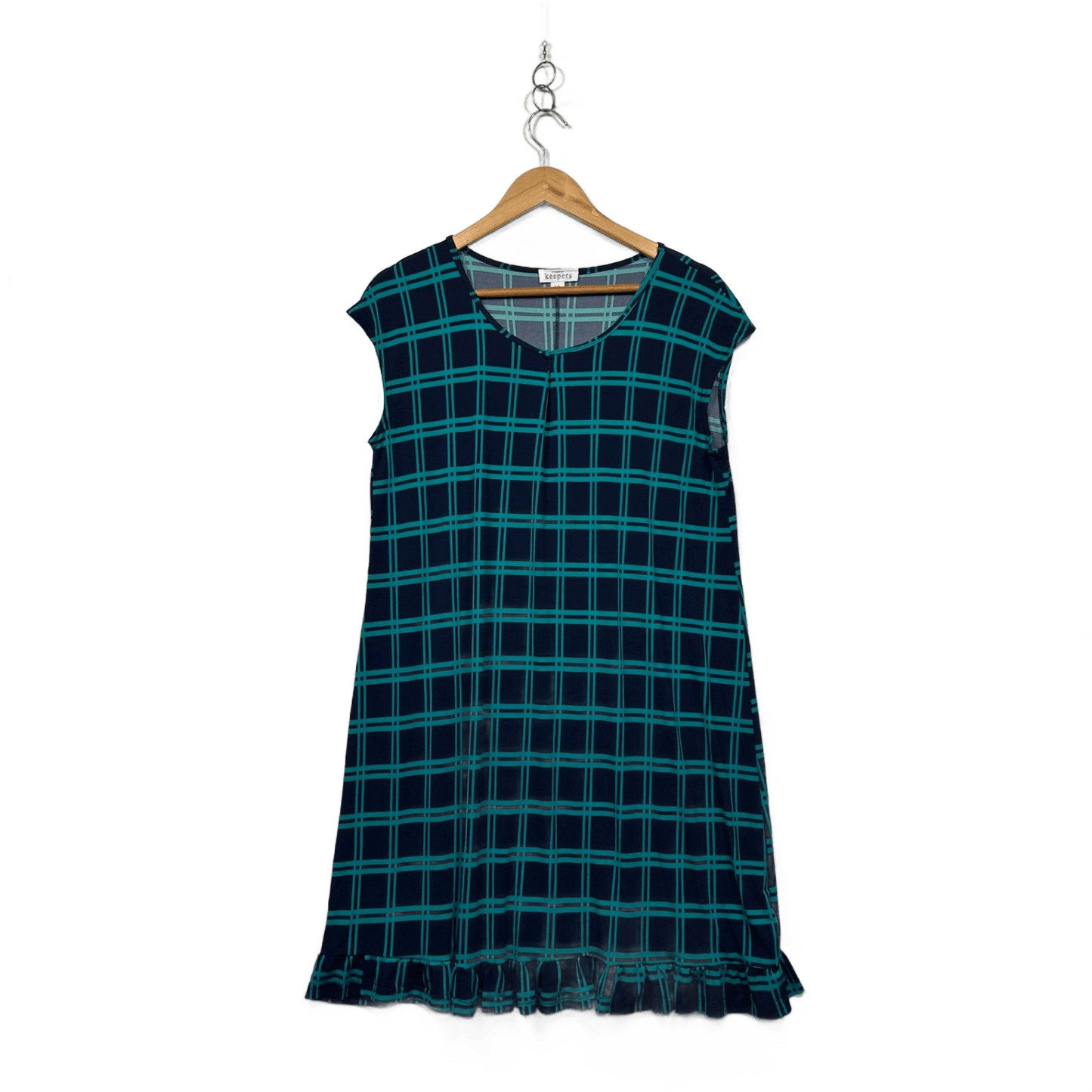 Bird Keepers Teal Blue Green Knee Sleeveless Check Shift Dress Size 16