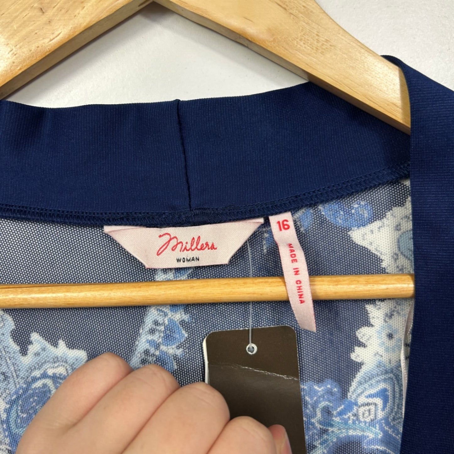 Millers Navy Blue Long Sleeve Open Front Paisley Print Kimono Jacket Size 16