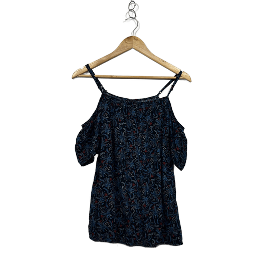 City Chic Womens Black Blue Floral Round Neck Cold Shoulder Top Blouse Size 14