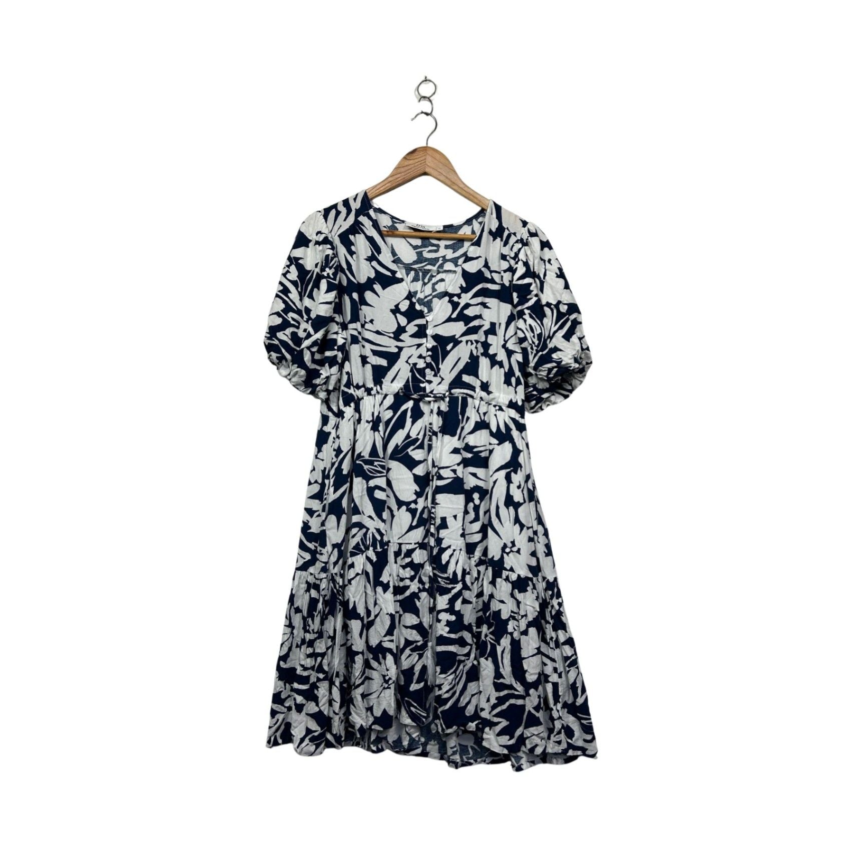 Fria Blue White Cotton Short Sleeve Floral Fit & Flare Dress Size 12