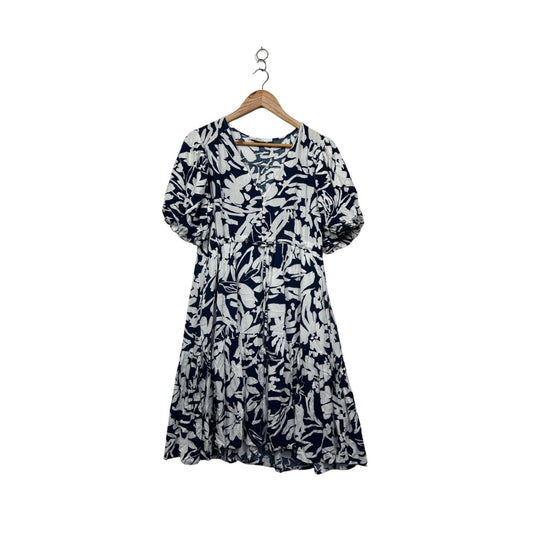 Fria Blue White Cotton Short Sleeve Floral Fit & Flare Dress Size 12