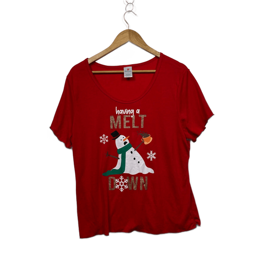Christmas Womens Red Short Sleeve Snowman Meltdown Top T-shirt Size 16