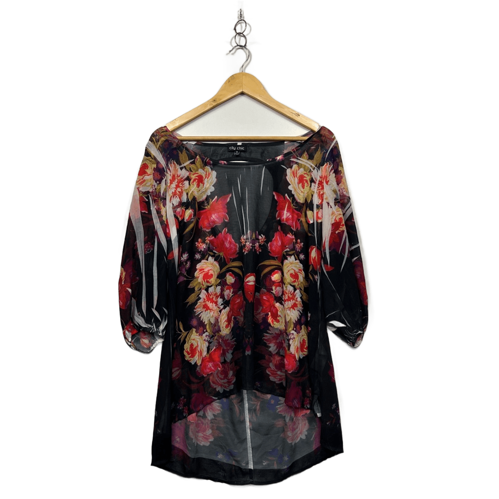 City Chic Womens Black Sheer 3/4 Sleeve Top Blouse Size 14