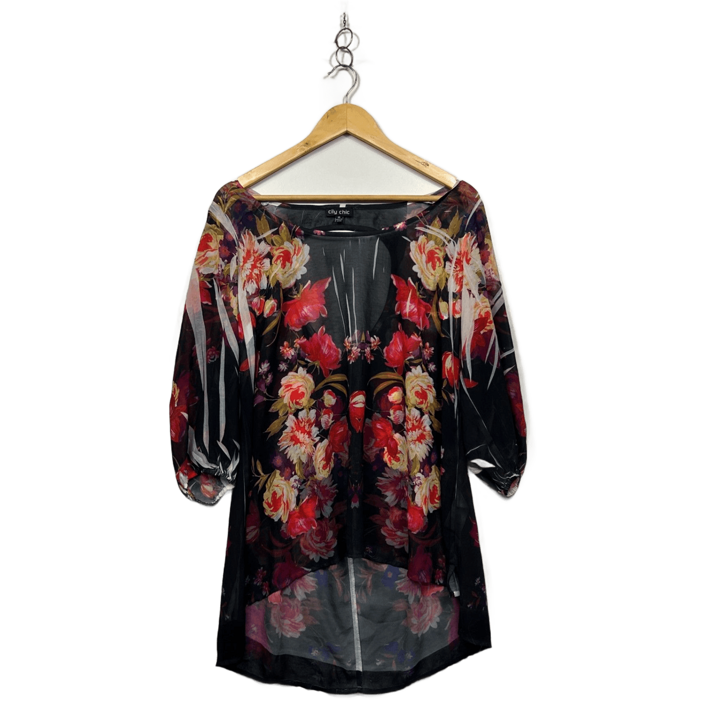 City Chic Womens Black Sheer 3/4 Sleeve Top Blouse Size 14