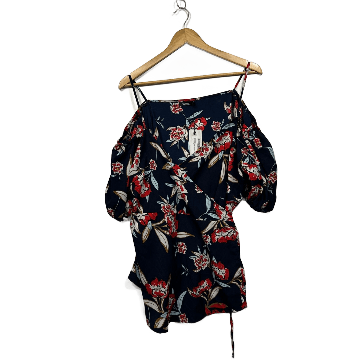 New Boohoo Navy Floral Cold Shoulder Puff Sleeve Top Size 20