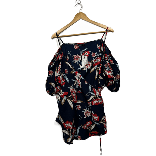 New Boohoo Navy Floral Cold Shoulder Puff Sleeve Top Size 20