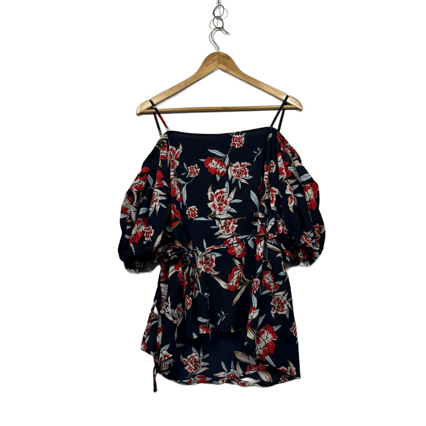 New Boohoo Navy Floral Cold Shoulder Puff Sleeve Top Size 20