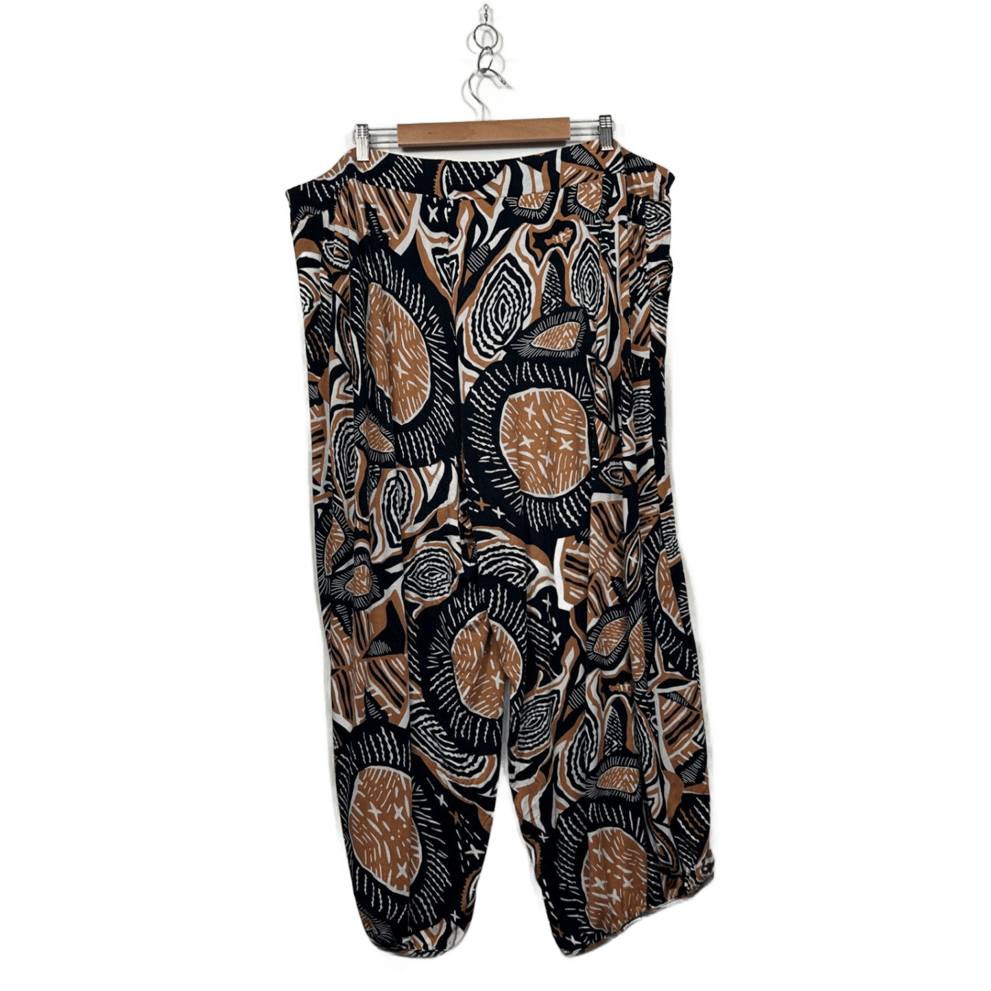 Virtuelle Black Biege Abstract Print Wide Leg Cropped Pants Size 22 XL Plus