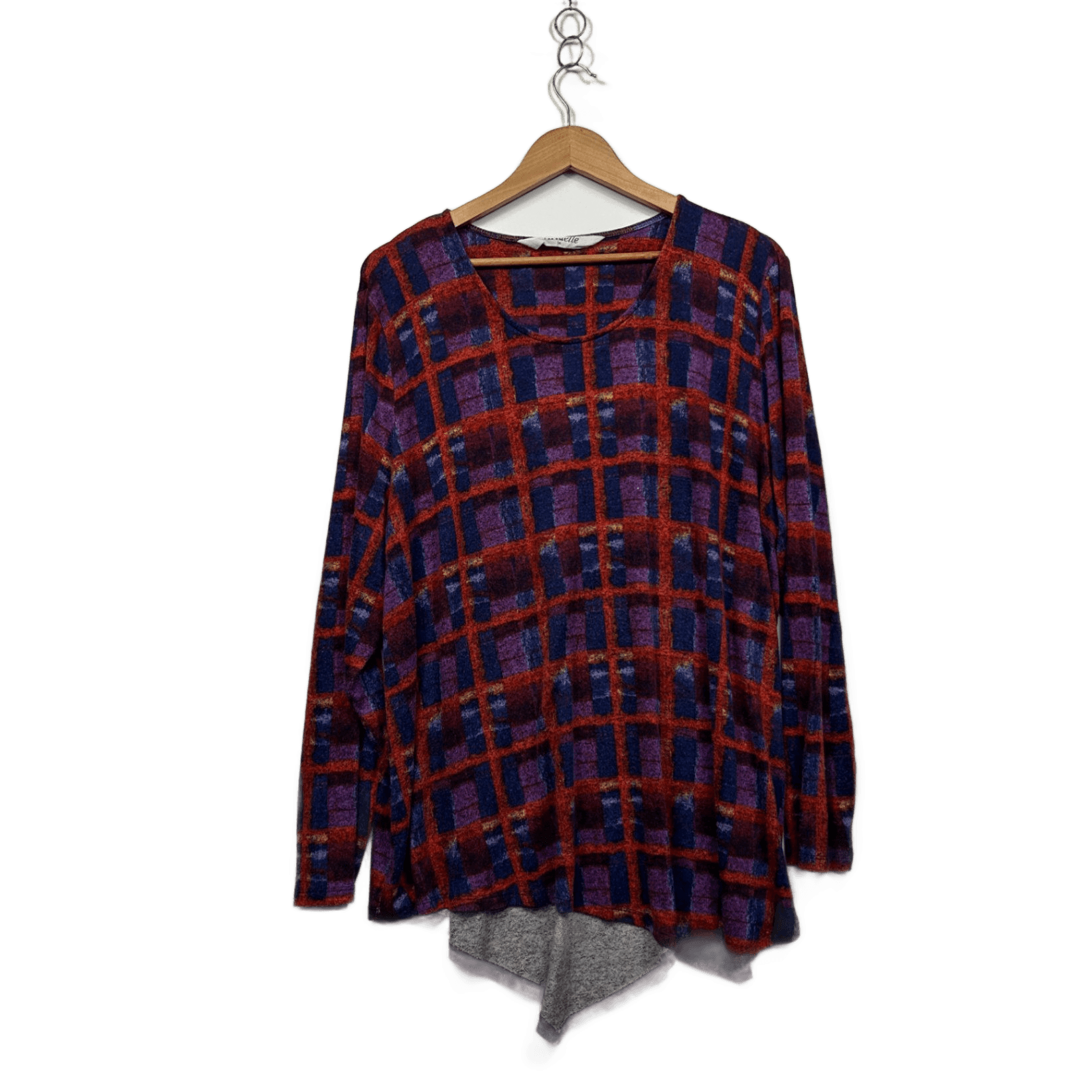 Virtuelle Multicoloured Check Long Sleeve Asymmetrical Hem Knit Tunic Top Size 20