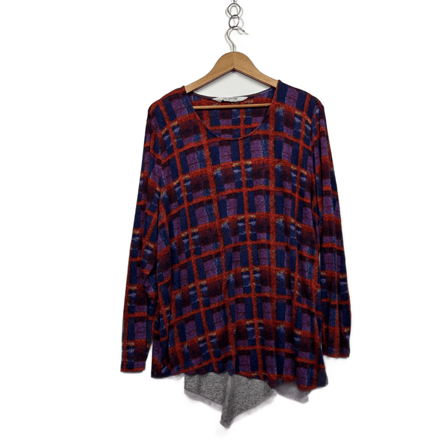 Virtuelle Multicoloured Check Long Sleeve Asymmetrical Hem Knit Tunic Top Size 20