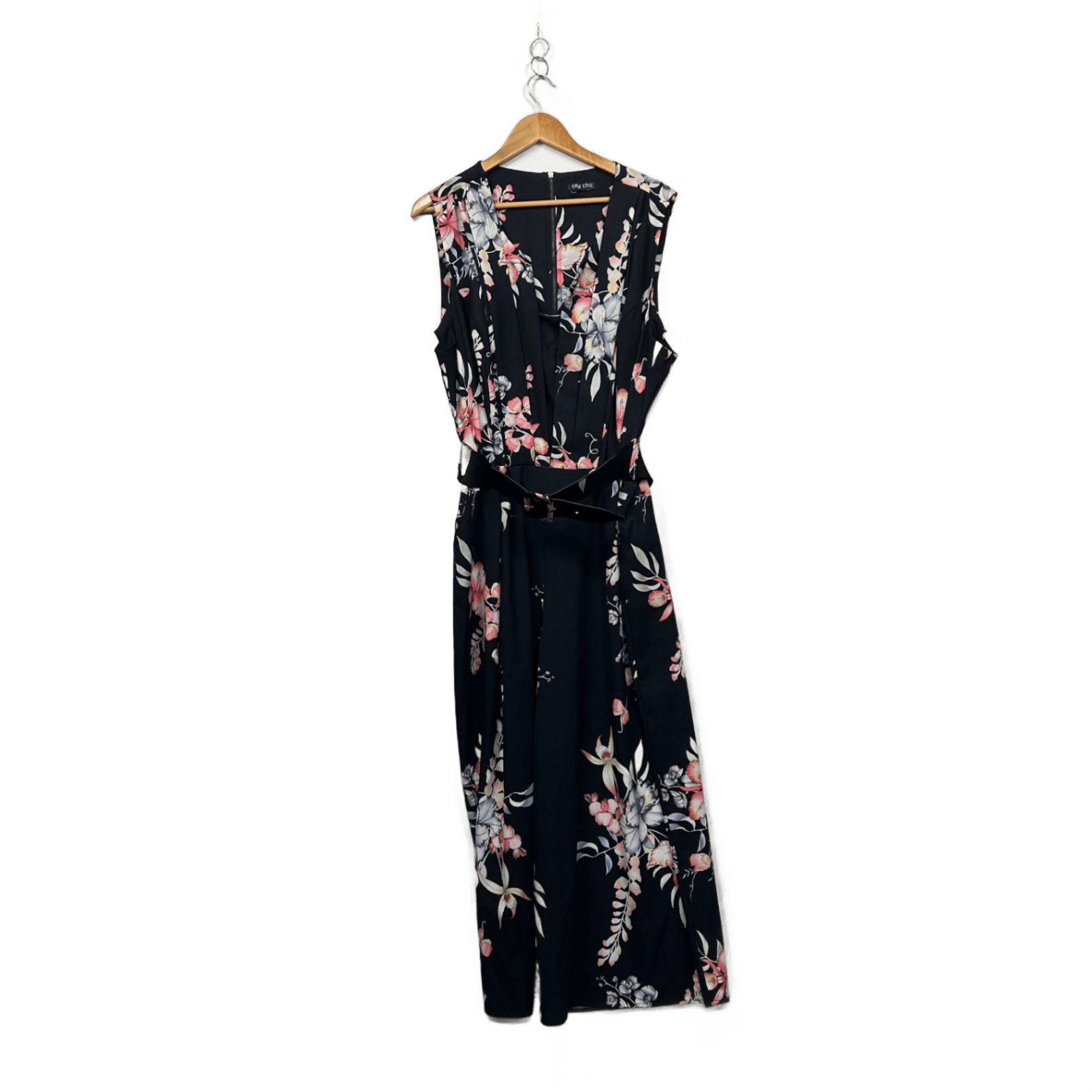 City Chic Black Floral Belted Sleeve Wide Leg Jumpsuit Size 18 - 20?