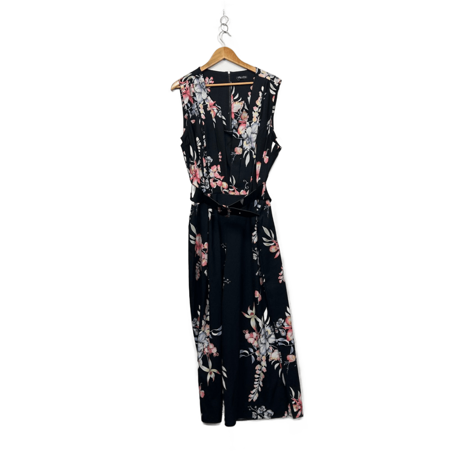 City Chic Black Floral Belted Sleeve Wide Leg Jumpsuit Size 18 - 20?