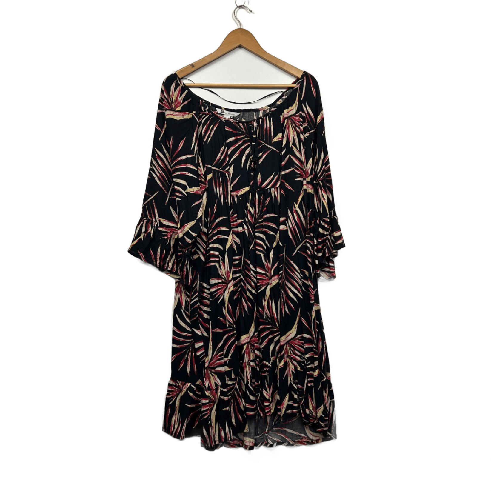 Rockmans Black Leaf Print 3/4 Bell Sleeve Shift Dress Size 22-24